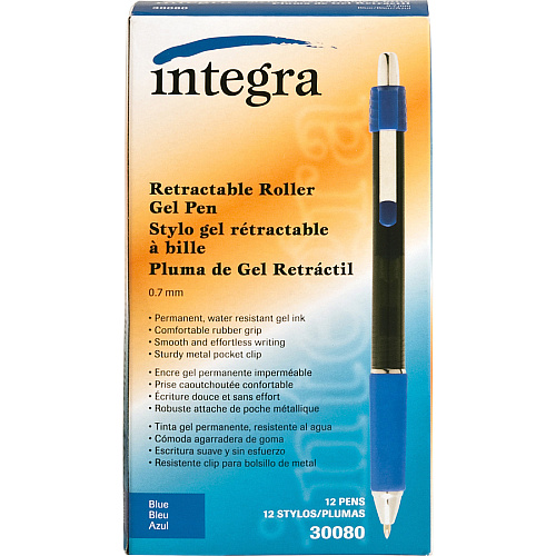 Integra Retractable Roller Gel Pen with Metal Clip 0.7 mm Pen Point - Retractable - Blue Ink - Gel-based - Blue Barrel - 1 Dozen (30080)