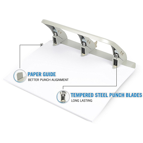 CARL Heavy-duty 3-Hole Punch with Tray 3 Punch Head(s) - 40 Sheet of 20lb Paper - 9/32" Punch Size - Silver (63040)