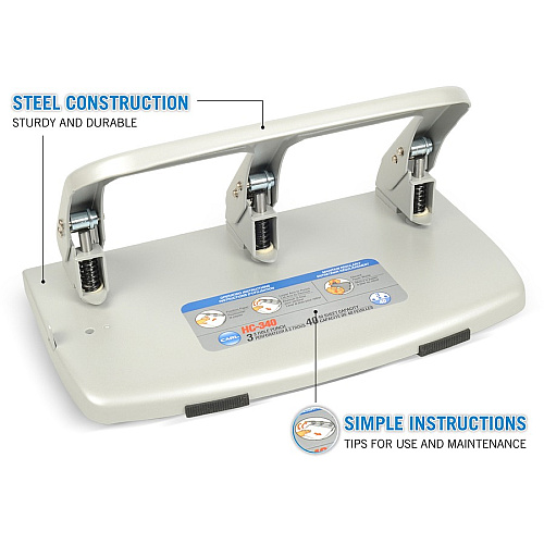 CARL Heavy-duty 3-Hole Punch with Tray 3 Punch Head(s) - 40 Sheet of 20lb Paper - 9/32" Punch Size - Silver (63040)