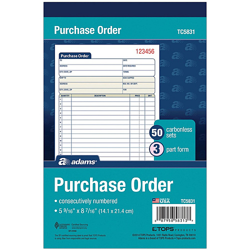 Adams 3-Part Carbonless Purchase Order Forms 3 Part - Carbonless Copy - 5.56" x 8.43" Sheet Size - 1 Each (TC5831)