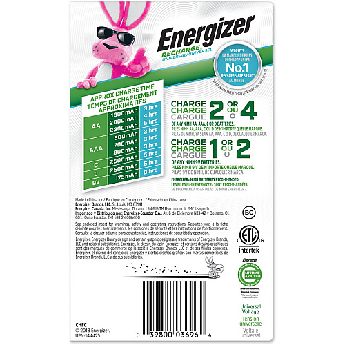 Energizer Recharge Universal Charger for NiMH Rechargeable AA, AAA, C, D, and 9V Batteries 6 Hour Charging - AA, AAA, C, D, 9V - 1 Each (CHFC)