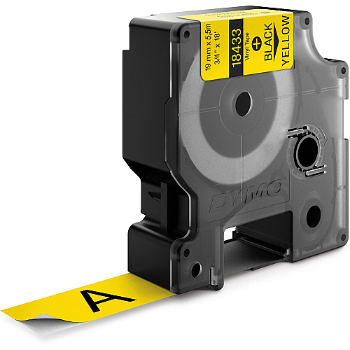 Dymo Colored Industrial Rhino Vinyl Labels 3/4" Width - Rectangle - Black, Yellow - Vinyl - Water Resistant - Abrasion Resistant, Temperature Resistant, Chemical Resistant, Solvent Resistant, Self-adhesive, Durable - 1 Each (18433)