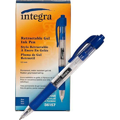 Integra Retractable 0.5mm Gel Pens 0.5 mm Fine Pen Point - Retractable - Blue Ink - Gel-based - Blue Barrel - Metal Tip - 1 Dozen (36157)