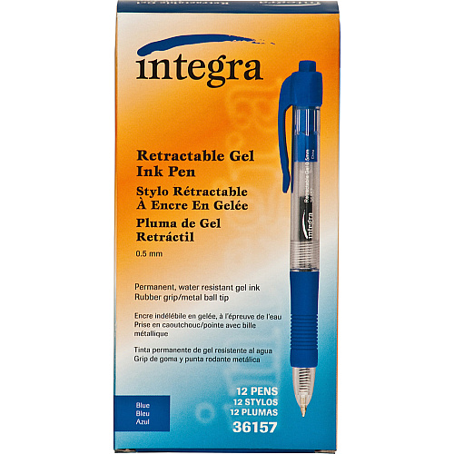 Integra Retractable 0.5mm Gel Pens 0.5 mm Fine Pen Point - Retractable - Blue Ink - Gel-based - Blue Barrel - Metal Tip - 1 Dozen (36157)
