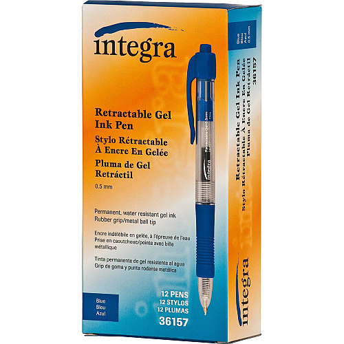 Integra Retractable 0.5mm Gel Pens 0.5 mm Fine Pen Point - Retractable - Blue Ink - Gel-based - Blue Barrel - Metal Tip - 1 Dozen (36157)