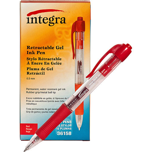 Integra Retractable 0.5mm Gel Pens 0.5 mm Fine Pen Point - Retractable - Red Ink - Red Barrel - Metal Tip - 1 Dozen (36158)