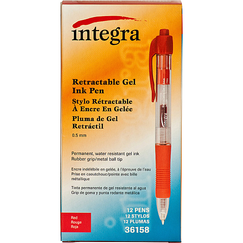 Integra Retractable 0.5mm Gel Pens 0.5 mm Fine Pen Point - Retractable - Red Ink - Red Barrel - Metal Tip - 1 Dozen (36158)