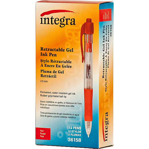 Integra Retractable 0.5mm Gel Pens 0.5 mm Fine Pen Point - Retractable - Red Ink - Red Barrel - Metal Tip - 1 Dozen (36158)