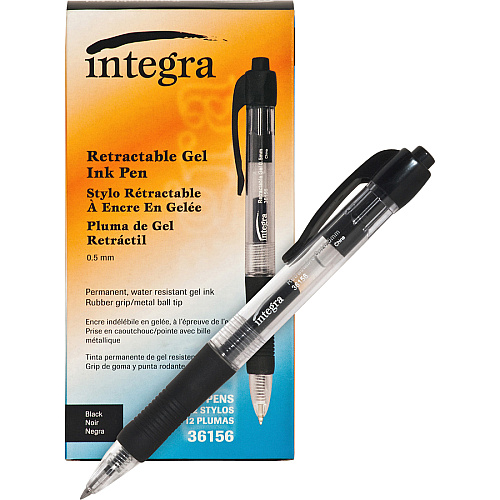Integra Retractable 0.5mm Gel Pens 0.5 mm Fine Pen Point - Retractable - Black Ink - Gel-based - Black Barrel - Metal Tip - 1 Dozen (36156)