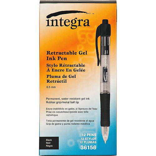 Integra Retractable 0.5mm Gel Pens 0.5 mm Fine Pen Point - Retractable - Black Ink - Gel-based - Black Barrel - Metal Tip - 1 Dozen (36156)