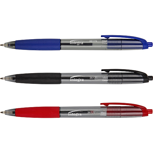 Integra Rubber Grip Retractable Pens 1 mm Medium Pen Point - Retractable - Black Ink - Black Barrel - 1 Dozen (36175)