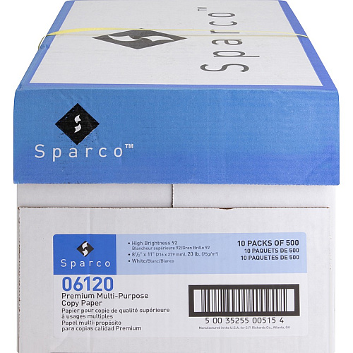 Sparco Copy Paper 92 Brightness - Letter - 8 1/2" x 11" - 20 lb Basis Weight - White - 500 Sheets per Ream - 400 / Pallet (06120PL)