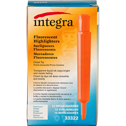 Integra Chisel Desk Liquid Highlighters Chisel Marker Point - Fluorescent Orange Ink - 1 Dozen (33322)