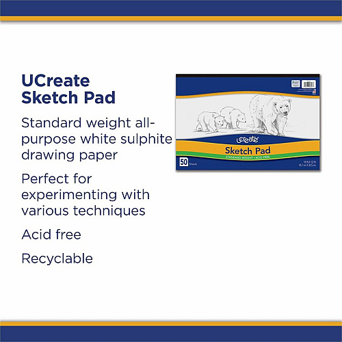 UCreate Medium Weight Sketch Pads 50 Sheets - 18" x 12" Sheet Size - White Paper - Mediumweight, Acid-free - Recycled - 1 Pad (4747)
