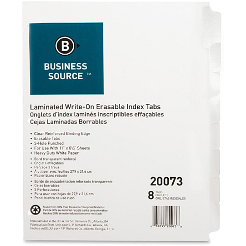 Business Source 3-Ring 8-Tab Indexes 8 Write-on Tab(s) - 1.25" Tab Width - 8.5" Divider Width x 11" Divider Length - Letter - 3 Hole Punched - White Divider - White Mylar Tab(s) - 100% Recycled - Reinforced Edges, Punched - 8 / Pack (BSN20073)