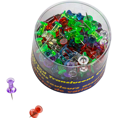 Officemate Translucent Push Pins 0.5" Length x 0.3" Diameter - Assorted - Steel - 200 / Pack (35710)