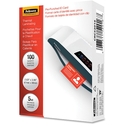 Fellowes Punched ID Card Glossy Thermal Laminating Pouches Laminating Pouch/Sheet Size: 3.88" Width x 5 mil Thickness - Glossy - for Document, ID Badge, ID Card - Durable, Pre-punched - Clear - 100 / Pack (52016)