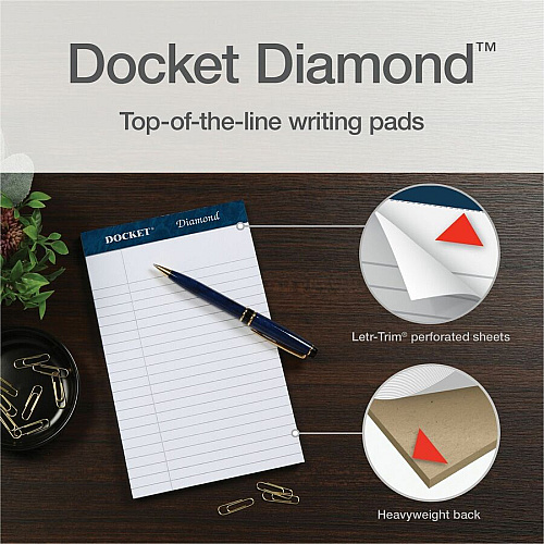 TOPS Docket Diamond Writing Tablet - Jr.Legal 50 Sheets - Double Stitched - 24 lb Basis Weight - Jr.Legal - 5" x 8" Sheet Size - 8" Height x 5" Width - White Paper - Perforated, Rigid, Acid-free - 4 / Pack (63981)