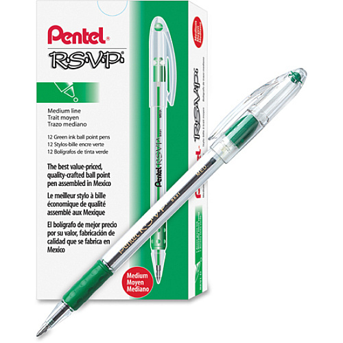 Pentel R.S.V.P. Ballpoint Stick Pens 1 mm Medium Pen Point - Refillable - Green Ink - Clear Barrel - Stainless Steel Tip - 1 Each (BK91D)