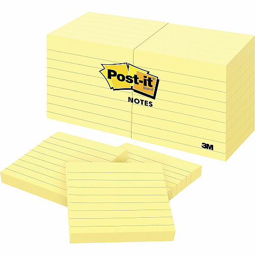 Post-it&reg; Notes Original Lined Notepads 1200 - 3" Flag/Note Width x 3" Flag/Note Length - Square - 100 Sheets per Pad - Ruled - Yellow - Paper - Removable - 12 / Pack (630SS)