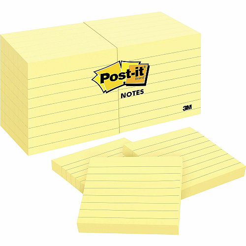 Post-it&reg; Notes Original Lined Notepads 1200 - 3" Flag/Note Width x 3" Flag/Note Length - Square - 100 Sheets per Pad - Ruled - Yellow - Paper - Removable - 12 / Pack (630SS)