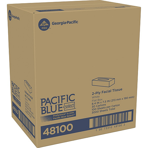 Pacific Blue Select Facial Tissue by GP Pro - Flat Box 2 Ply - 8.33" Width x 8" Length - White - Paper/ - 100 / Box (48100)