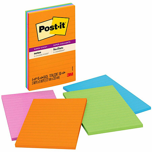 Post-it&reg; Super Sticky Notes - Energy Boost Color Collection 180 - 4" Flag/Note Width x 6" Flag/Note Length - Rectangle - 45 Sheets per Pad - Ruled - Vital Orange, Tropical Pink, Blue Paradise, Limeade - Paper - Self-adhesive, Repositionable (4621SSAU)