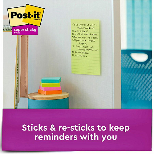 Post-it&reg; Super Sticky Notes - Energy Boost Color Collection 180 - 4" Flag/Note Width x 6" Flag/Note Length - Rectangle - 45 Sheets per Pad - Ruled - Vital Orange, Tropical Pink, Blue Paradise, Limeade - Paper - Self-adhesive, Repositionable (4621SSAU)