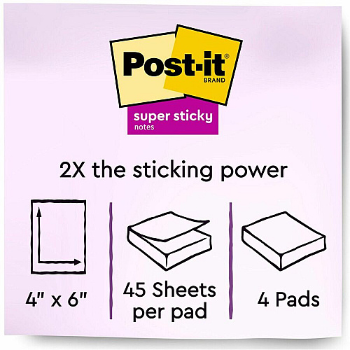 Post-it&reg; Super Sticky Notes - Energy Boost Color Collection 180 - 4" Flag/Note Width x 6" Flag/Note Length - Rectangle - 45 Sheets per Pad - Ruled - Vital Orange, Tropical Pink, Blue Paradise, Limeade - Paper - Self-adhesive, Repositionable (4621SSAU)