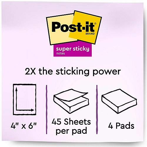 Post-it&reg; Super Sticky Notes - Energy Boost Color Collection 180 - 4" Flag/Note Width x 6" Flag/Note Length - Rectangle - 45 Sheets per Pad - Ruled - Vital Orange, Tropical Pink, Blue Paradise, Limeade - Paper - Self-adhesive, Repositionable (4621SSAU)