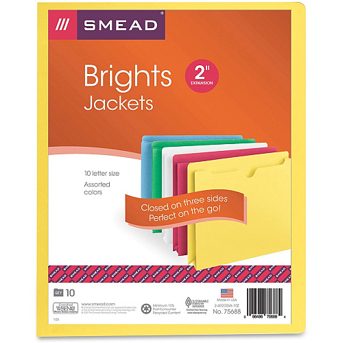 Smead Colored Straight Tab Cut Letter Recycled File Jacket 8 1/2" x 11" - 2" Expansion - 11 pt. - 2 Plys - Blue, Green, Red, White, Yellow - Slip Resistant, Reinforced Tab - 10% Recycled - 10 / Pack (75688)