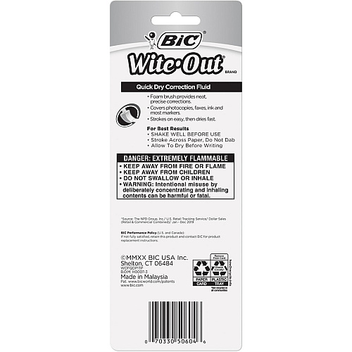 BIC Quick Dry Correction Fluid, White, 1 Pack Foam Brush Applicator - 20 mL - White - Quick Drying, Spill Resistant - 1 / Pack (WOFQDP1WHI)