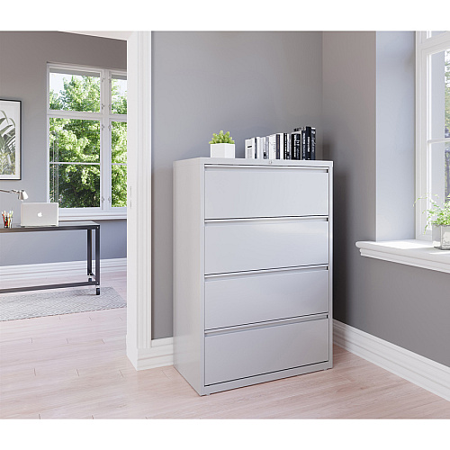 Lorell Fortress Series Lateral File 36" Width x 18.6" Depth x 52.5" Height - 4 x Drawer(s) for File - Legal, Letter, A4 - Lateral - Rust Proof, Leveling Glide, Interlocking, Ball-bearing Suspension, Label Holder - Light Gray - Baked Enamel - St (LLR60445)