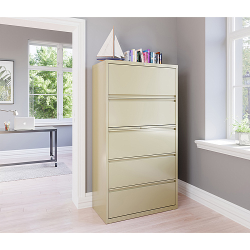 Lorell Fortress Series Lateral File w/Roll-out Posting Shelf 36" Width x 18.6" Depth x 67.7" Height - 5 x Drawer(s) for File - Legal, Letter, A4 - Lateral - Rust Proof, Leveling Glide, Interlocking, Ball-bearing Suspension, Label Holder - Putty (LLR60441)