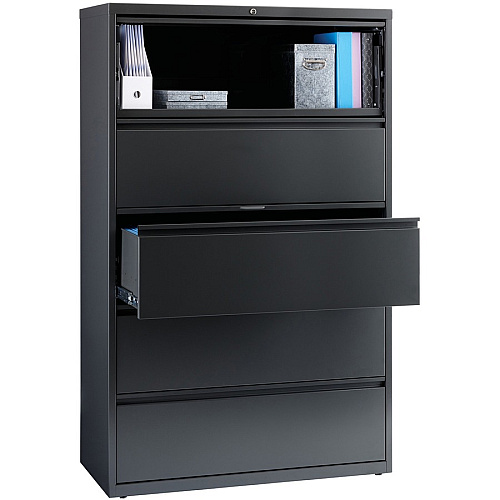 Lorell Fortress Series Lateral File w/Roll-out Posting Shelf 42" Width x 18.6" Depth x 67.7" Height - 5 x Drawer(s) - Legal, Letter, A4 - Lateral - Rust Proof, Leveling Glide, Interlocking - Charcoal - Steel - Recycled (LLR60434)
