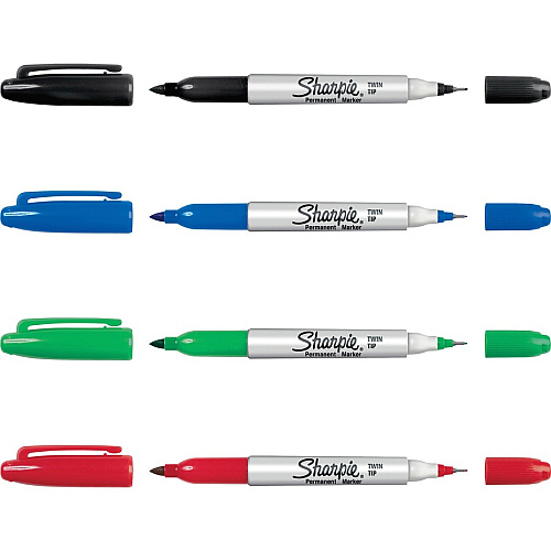 Sharpie Twin Tip Permant Maker 1 mm Ultra Fine, 0.3 mm Fine Marker Point - Black, Red, Blue, Green Ink - Alcohol Based - 4 / Set (32174PP)