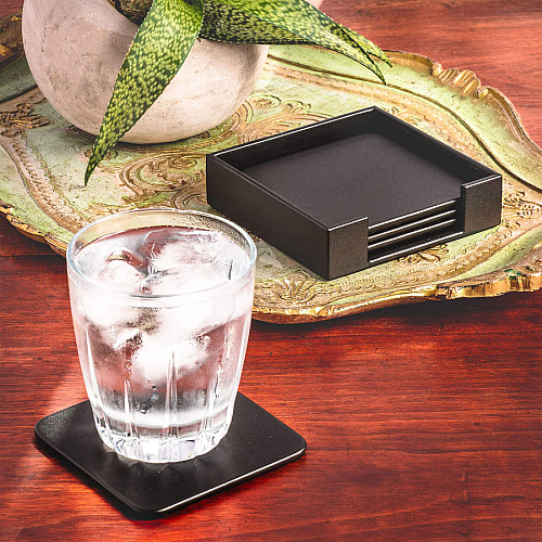 Dacasso Leather Coasters - Set of 4 Square with Holder Square - Black - Top Grain Leather, Felt - 1Each - 1 Each (A1081)