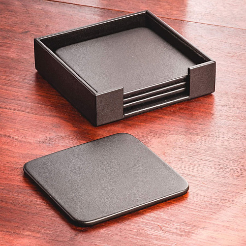 Dacasso Leather Coasters - Set of 4 Square with Holder Square - Black - Top Grain Leather, Felt - 1Each - 1 Each (A1081)