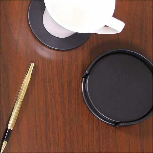 Dacasso Coaster with Holder 4 Coaster of 4" Diameter - Circle - Black - Leather - 1Each - 1 Each (A1045)