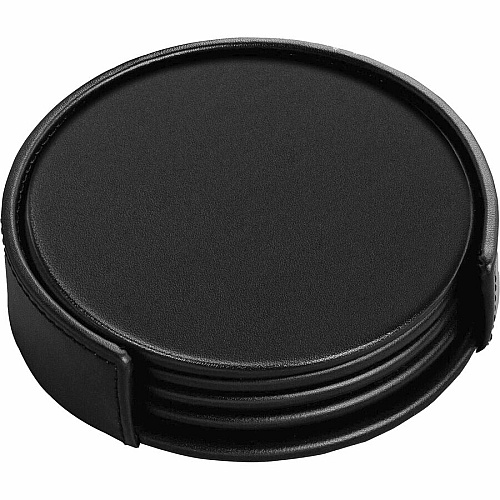 Dacasso Coaster with Holder 4 Coaster of 4" Diameter - Circle - Black - Leather - 1Each - 1 Each (A1045)