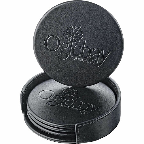 Dacasso Coaster with Holder 4 Coaster of 4" Diameter - Circle - Black - Leather - 1Each - 1 Each (A1045)