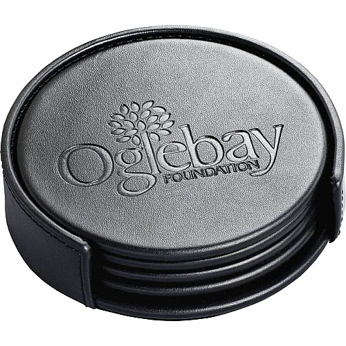 Dacasso Coaster with Holder 4 Coaster of 4" Diameter - Circle - Black - Leather - 1Each - 1 Each (A1045)