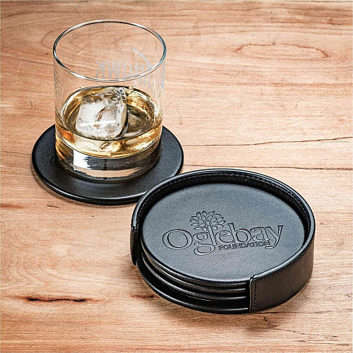 Dacasso Coaster with Holder 4 Coaster of 4" Diameter - Circle - Black - Leather - 1Each - 1 Each (A1045)