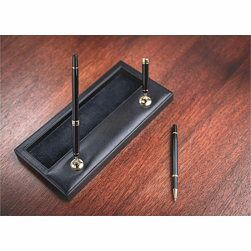 Dacasso Double Pen Stand with Gold Accent 1" Height x 11.1" Width x 5.4" Length - Leather - Black - 1 Each (A1004)