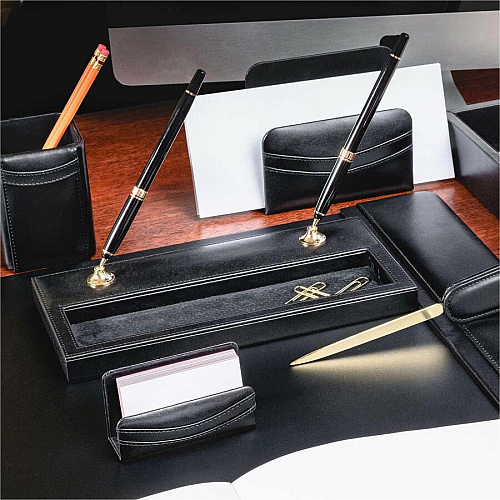 Dacasso Double Pen Stand with Gold Accent 1" Height x 11.1" Width x 5.4" Length - Leather - Black - 1 Each (A1004)