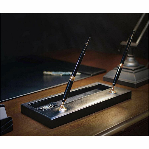 Dacasso Double Pen Stand with Gold Accent 1" Height x 11.1" Width x 5.4" Length - Leather - Black - 1 Each (A1004)
