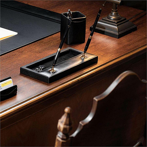 Dacasso Double Pen Stand with Gold Accent 1" Height x 11.1" Width x 5.4" Length - Leather - Black - 1 Each (A1004)