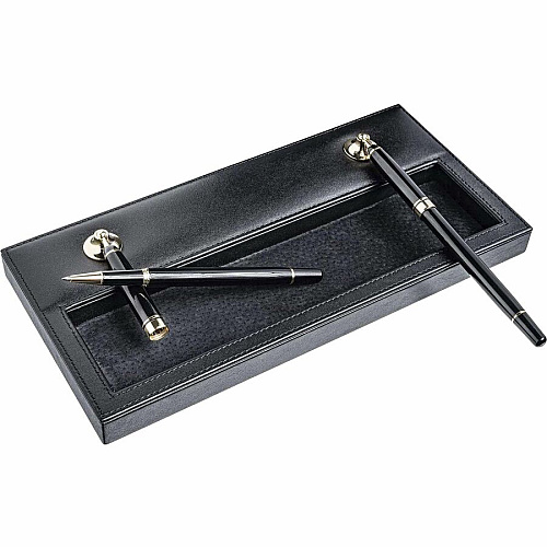 Dacasso Double Pen Stand with Gold Accent 1" Height x 11.1" Width x 5.4" Length - Leather - Black - 1 Each (A1004)