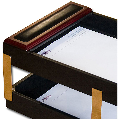 Dacasso Rosewood & Leather Double Letter Trays 7.25" Height x 10.50" Width x 13.75" Depth - Desktop - Black - Wood, Leather - 1 Each (A8020)