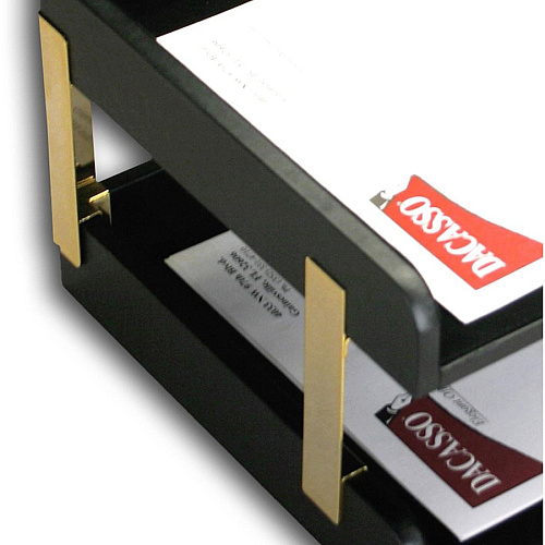 Dacasso Two Side Load Letter Trays With Gold Posts 7.75" Height x 10.60" Width x 15.25" Length - Desktop - Black - Leather - 1 Each (A1072)